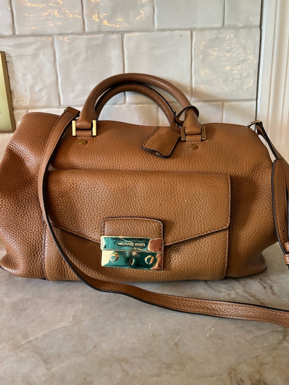 Michael Kors Cognac Pebbled Leather Satchel with Gold Hardware